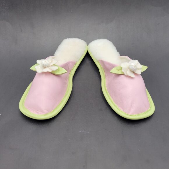 Vtg Amy Jo Gladstone Pink & Green Slide Slippers Size M Leather - Picture 2 of 9